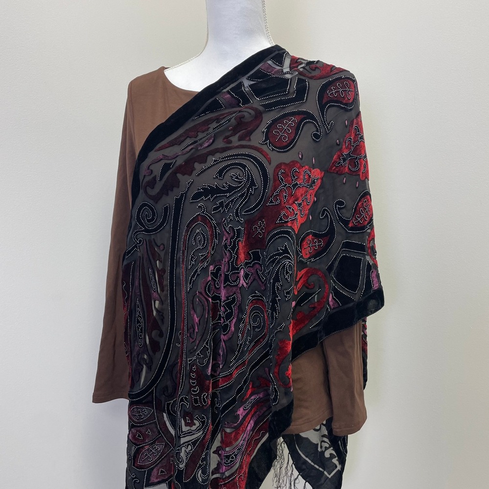 VTG Silk Burnout Velvet Paisley Fringe Wrap Shawl Scarf 20'' x 60'' Red Black